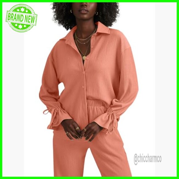 Long Sleeve Button Down Blouse & Wide Leg Pants Set, Medium - Picture 2 of 7